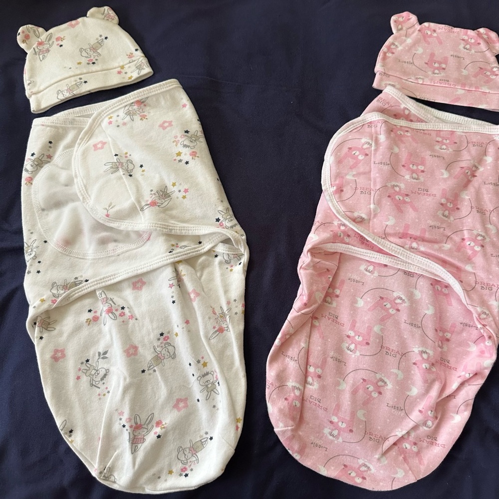 Baby Swaddle and Matching Hat Set in Cream and Pink